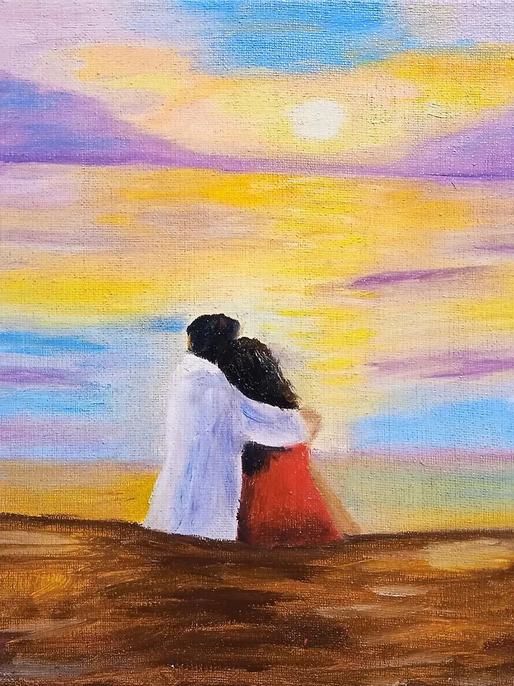 Painting with lovers on the seashore Sunset on the sea Romantic painting