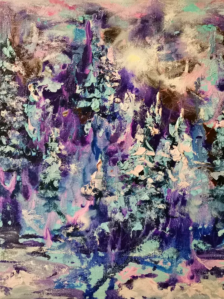 Moon Forest Winter Oil Painting Art Original Canvas Christmas Artist Svinar Oksana
