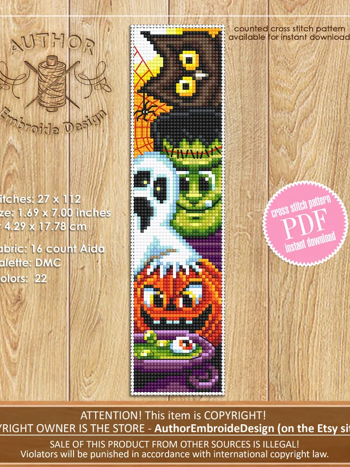 Halloween bookmark cross stitch pattern download PDF Handmade bookmark Halloween embroidery, Kawaii Halloween digital, Book lover gift #B52