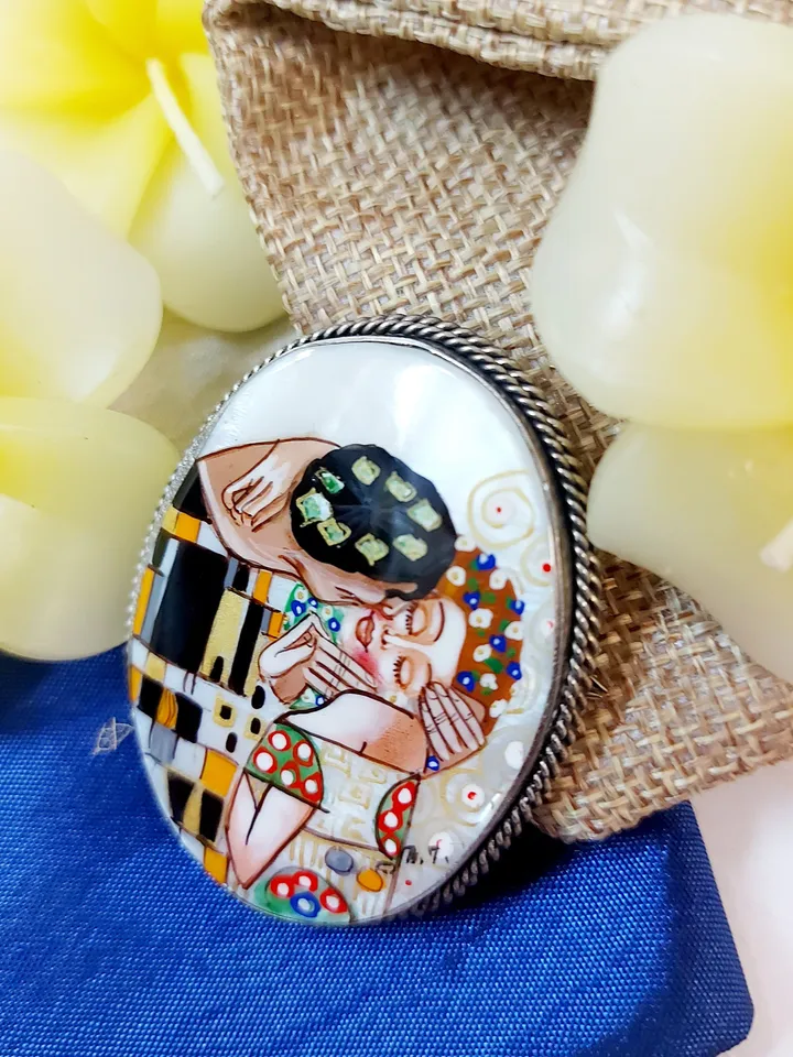 Brooches for women: Gustav Klimt "The Kiss" on handmade pin for dress, original Art Nouveau pins made from mother of pearl shell