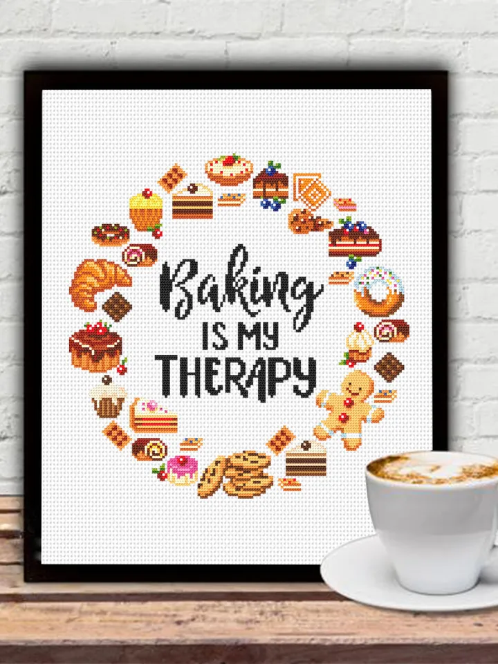 Dessert wreath cross stitch pattern PDF download Cross stitch quote Baking is my therapy, Kitchen pattern digital PDF, Funny quotes #Q59