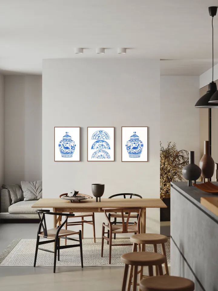 Chinoiserie Wall Art Set Of 3 Art Prints Watercolor Painting Blue White Porcelain Vintage Art Prints Chinese Jar Painting Porcelain Vase Art
