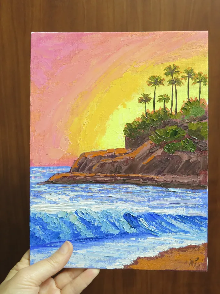 Original Oil Painting of Seascape Tranquil Sunset Over Ocean Waves On Canvas