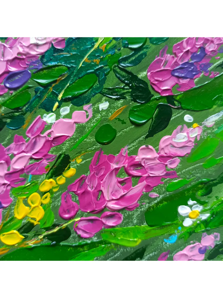 Abstract flower painting, "Wildflowers", original acrylic painting on cardboard 20x20cm, Impasto, Lupines, Forget-me-nots, Chamomiles