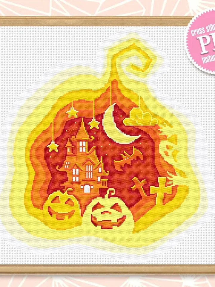 Halloween cross stitch pattern download PDF Spooky Halloween pattern digital PDF Halloween pumpkin cross stitch chart, 3d cross stitch #H34