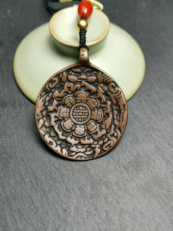 Gandhanra Vintage Tibetan Buddhist Calendar Amulet Sipaho Badge - Copper Melong Mirror Protective Charm Feng Shui Pendant,45mm