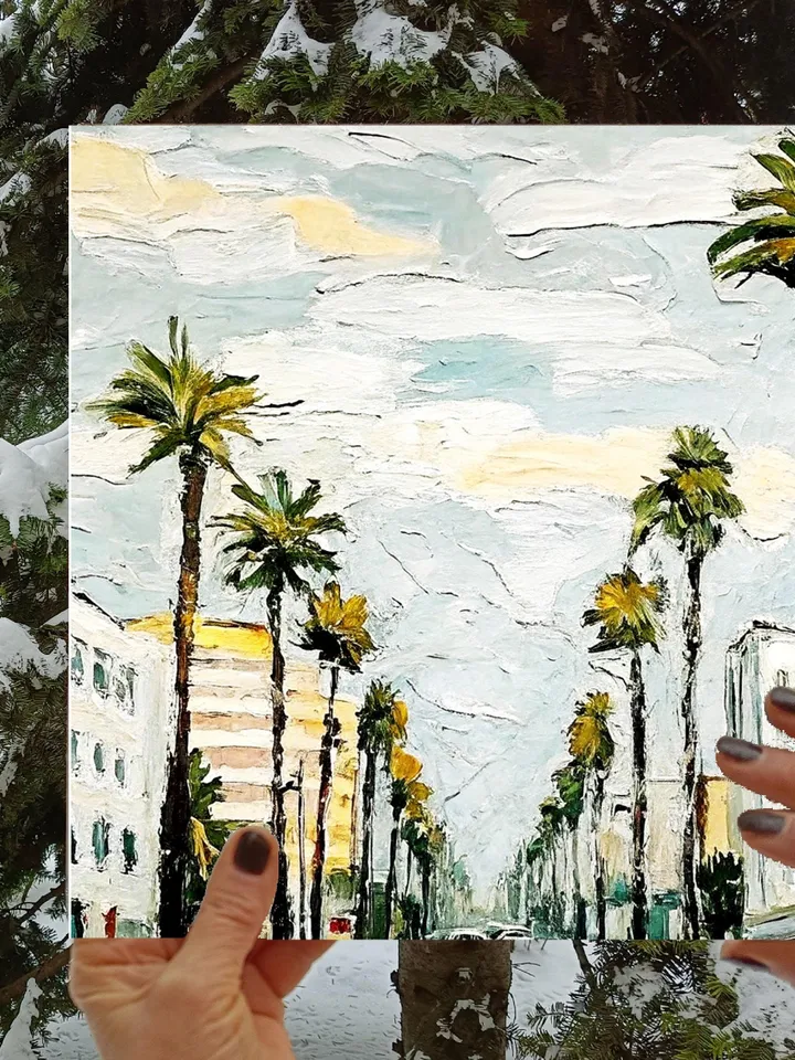 Los Angeles Oil Painting Street Original Art Impasto Scene Sunset Boulevard Impressionist Painting Palm Trees Car Cityscape Art Gift