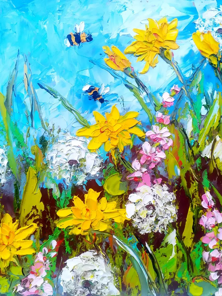 Honeybee Painting Dandelion Original Art Floral Impasto Painting Dandelion Wall Art Flowers Wall Art by ArtProkopaloSv