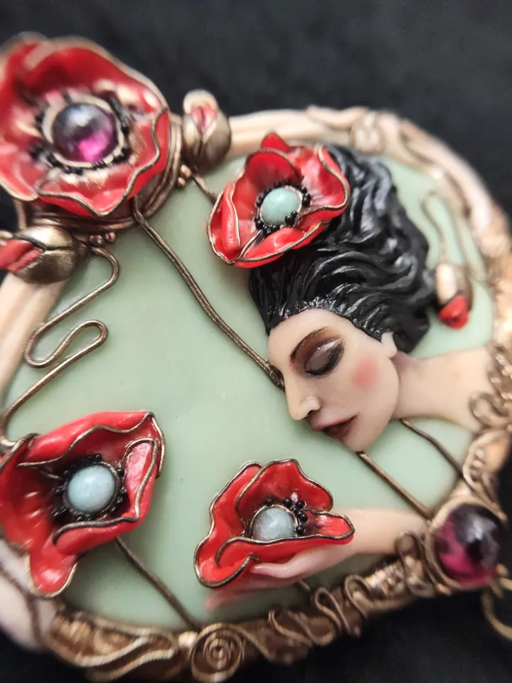 Brooch Virgo with poppies, poppies pendant, Brooch with poppies,Red poppies