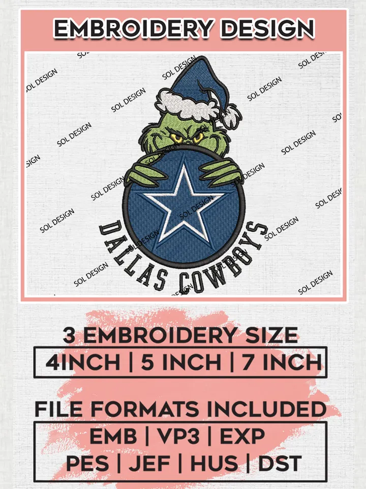 NFL Dallas Cowboys Team x Grinch Holding Ornament Logo Embroidery Designs, NFL Cowboys Team Machine Embroidery Files, NFL Football Teams, 3 sizes, Grinch Machine embroidery designs, Digital Download