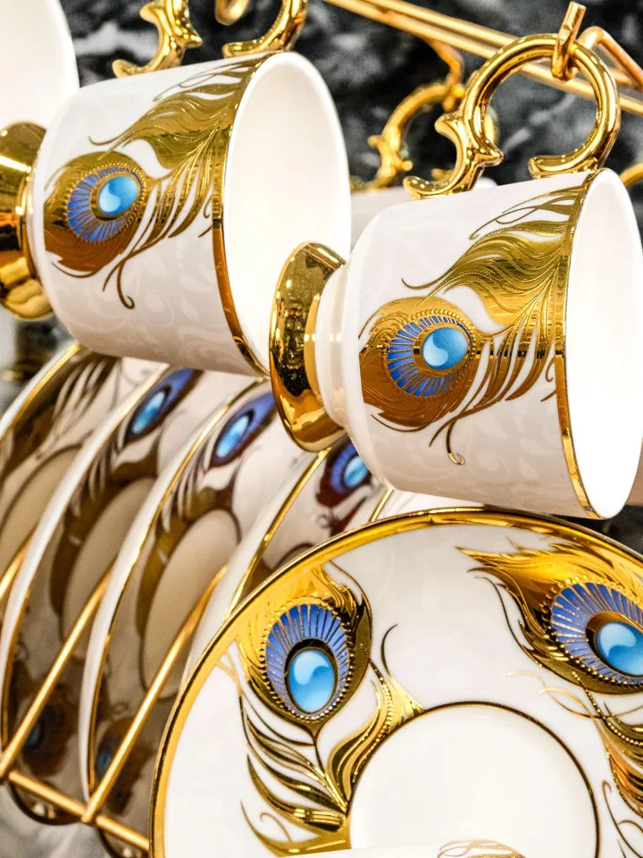 14K Gold Powder Peacock Porcelain Tea Cups And Saucers | Tea Cups Saucers Set | Gold Porcelain Set | Elegant Teaware | Gift For Tea Lovers
