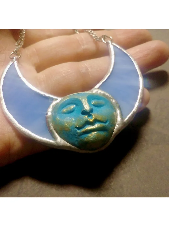 Stained glass blue moon, Moon Goddess, Moon phase necklace, Stainglass crescent, Full moon pendant, Moon face necklace