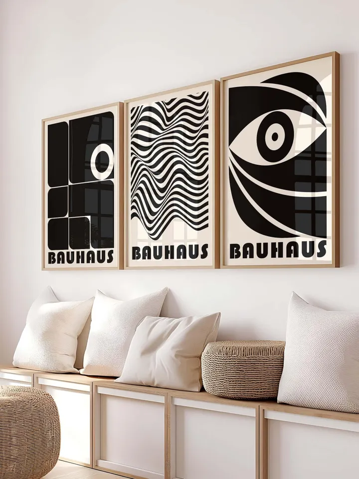 Bauhaus Wall Art, Set of 3, Geometric Prints, Black White, Abstract Decor,
