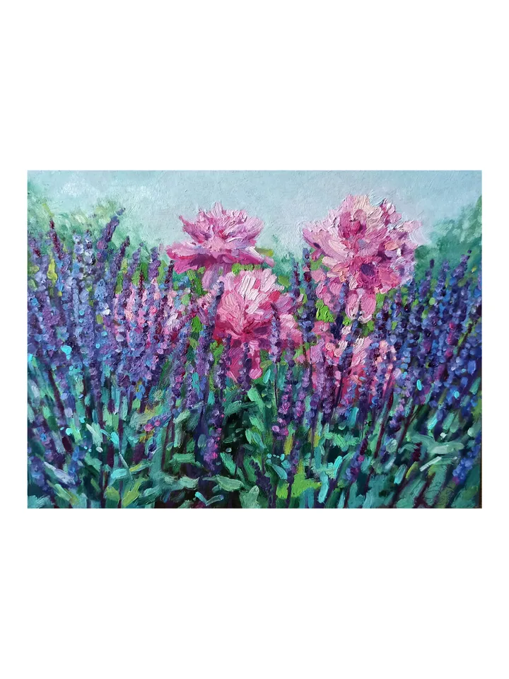 Sage and Peonies, Garden flowers, Original oil painting on art cardboard 18x24cm
