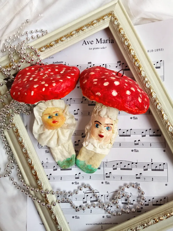 Unique Handmade Mushroom Ornaments with Faces - Classic Cotton Art. Amanita. Fly agaric Christmas tree toy Christmas ornaments