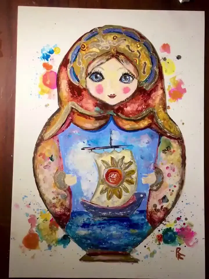 Russian fairytale matryoshka doll painting,original mix media painting on yupo paper,alcohol inks watercolour painting,modern wall art,gift.