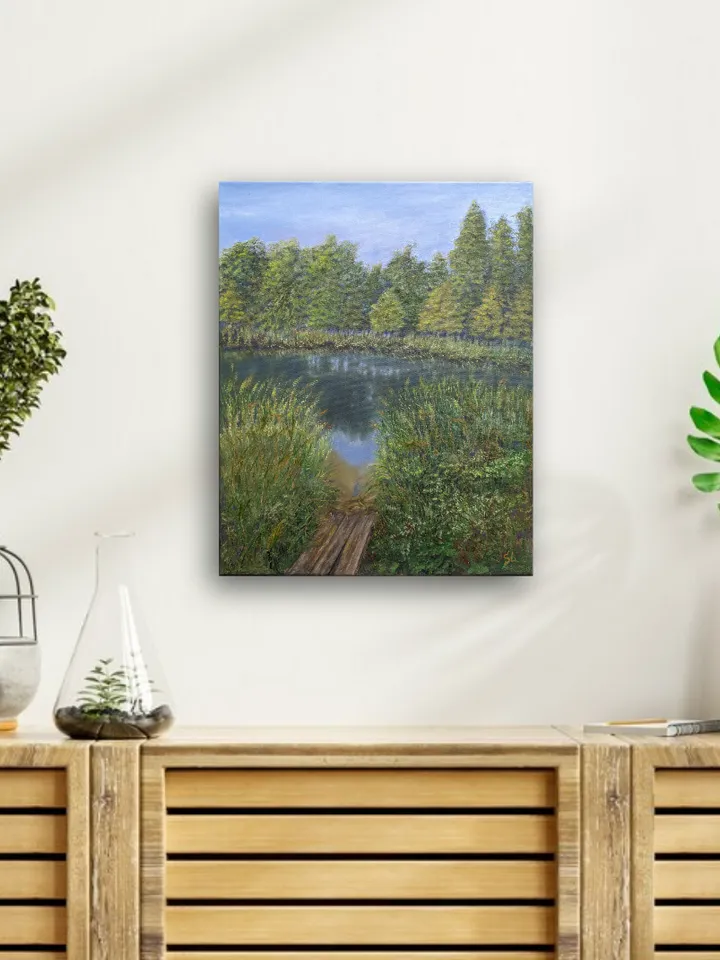 Summer landscape with a river and a wooden bridge, tall grass and trees, original painting 16x12 inches