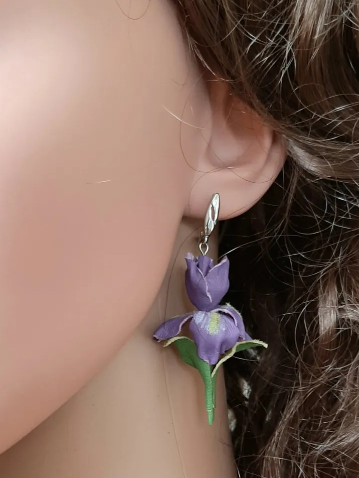 Iris leather earrings for her, Leather jewelry, 3rd anniversary gift for wife