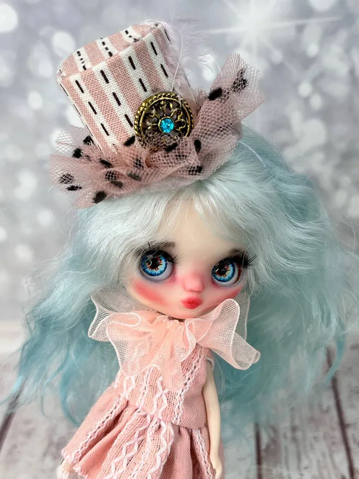 Adorable little doll in a hat. Petite Blythe with blue hair.