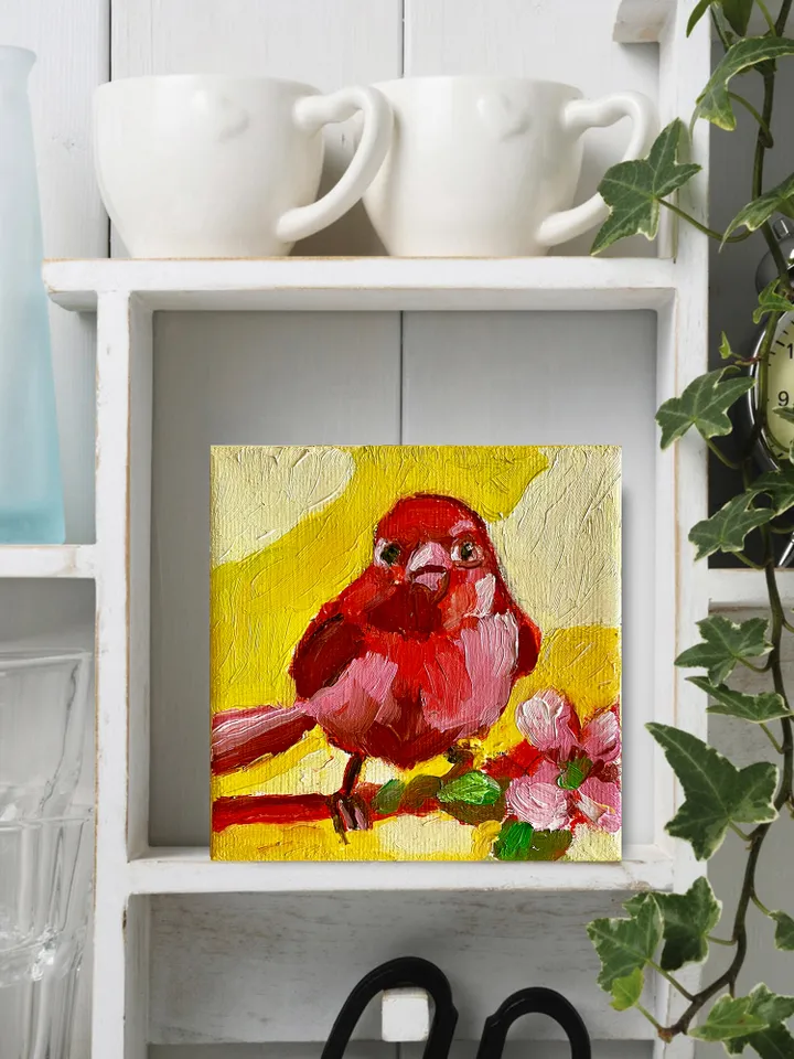 Red Summer Tanager Painting, Bird Original oil Painting on Canvas, Wildlife Art, Miniature Artwork 4"x 4"