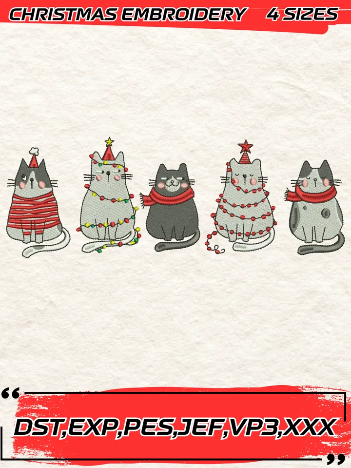 Cute Cat Christmas Embroidery Design Embroidery,Christmas Embroidery Design,4 Sizes, Digital Download
