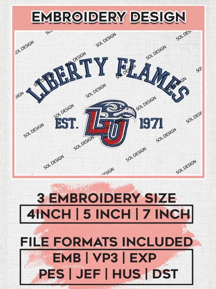 Liberty Flames Est 1971 Logo Embroidery Designs, NCAA Liberty Flames Team Embroidery, NCAA Team Logo, 3 sizes, Machine embroidery Files, Digital Download