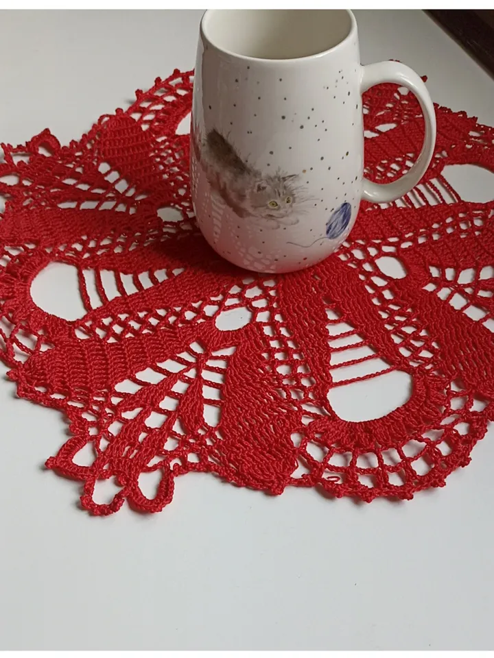 Hand crocheted lace lacy red doily 14 inch