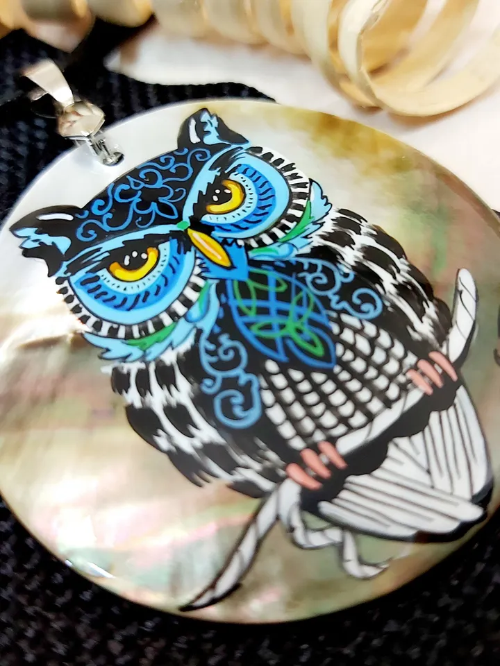 Pearl pendant necklace: Mosaic Eagle owl hand painted on gorgeous animal pendant. Graceful handmade jewelry. Unique gift for grandmother