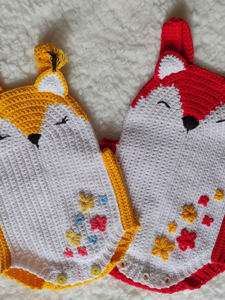 Crochet Pattern Baby Romper Fox or Squirrel, sizes Newborn to 12 months