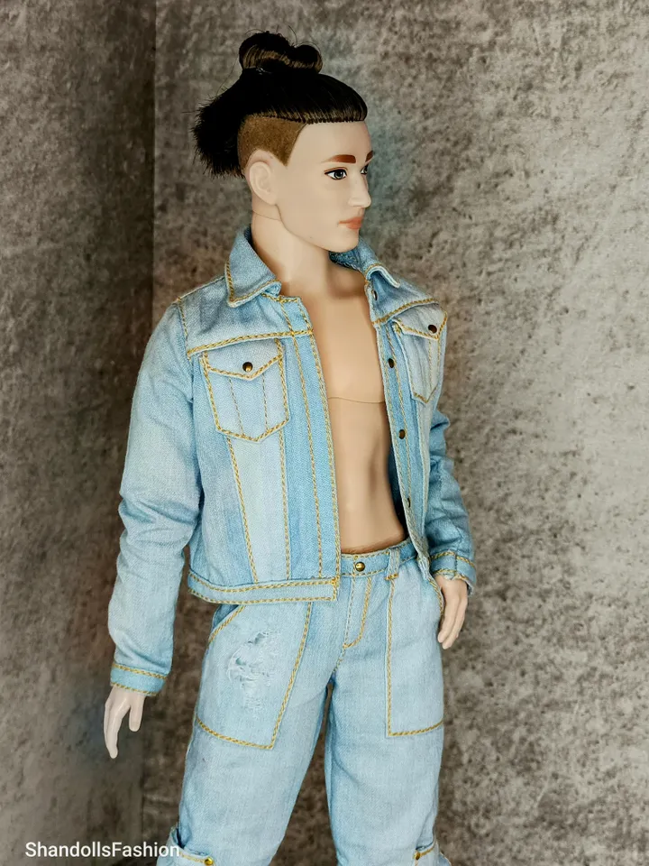 Ken's Distressed Denim Jacket and Cargo Jeans with Large Patch Pockets (Light Blue)