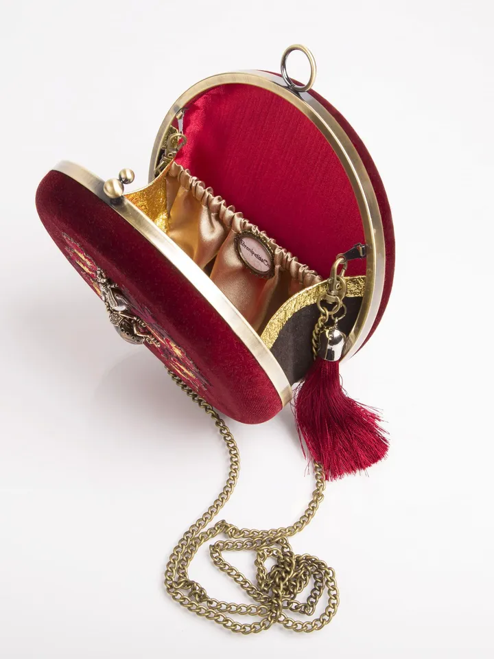 Clutch round burgundy velvet with flower embroidery and beetles