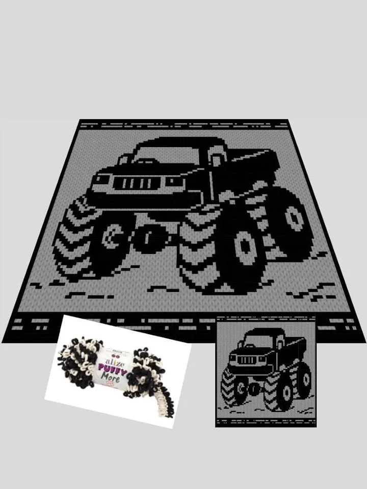 Loop yarn Finger knitted Bigfoot Monster Truck blanket pattern
