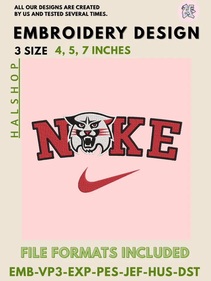 NCAA Davidson Wildcats Nike Logo Embroidery File | Machine Embroidery Design | 3 Sizes, 6 Formats | NCAA Teams