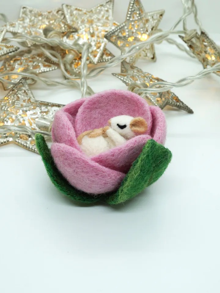 Miniature needle felted mouse sleeping in a pink flower, baby mouse, white mouse, made to order