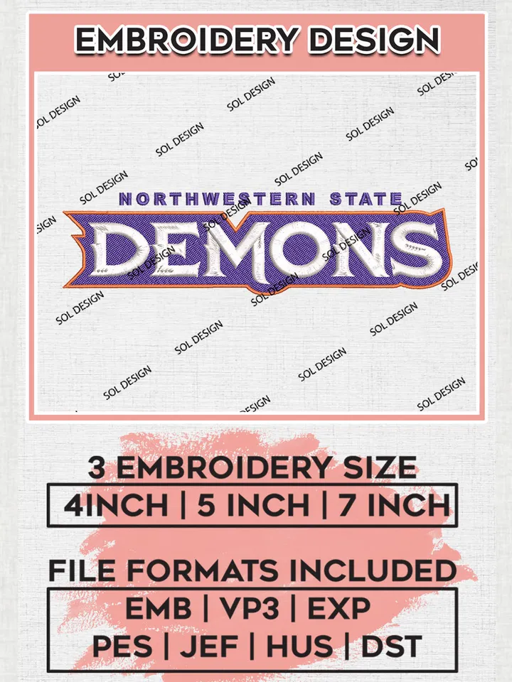 Northwestern State Demons Football Team Wordmark Logo Embroidery Design Files, NCAA Northwestern State Demons Machine Embroidery, NCAA Teams, Game Day, 3 sizes, NCAA Machine embroidery designs, Digital Download