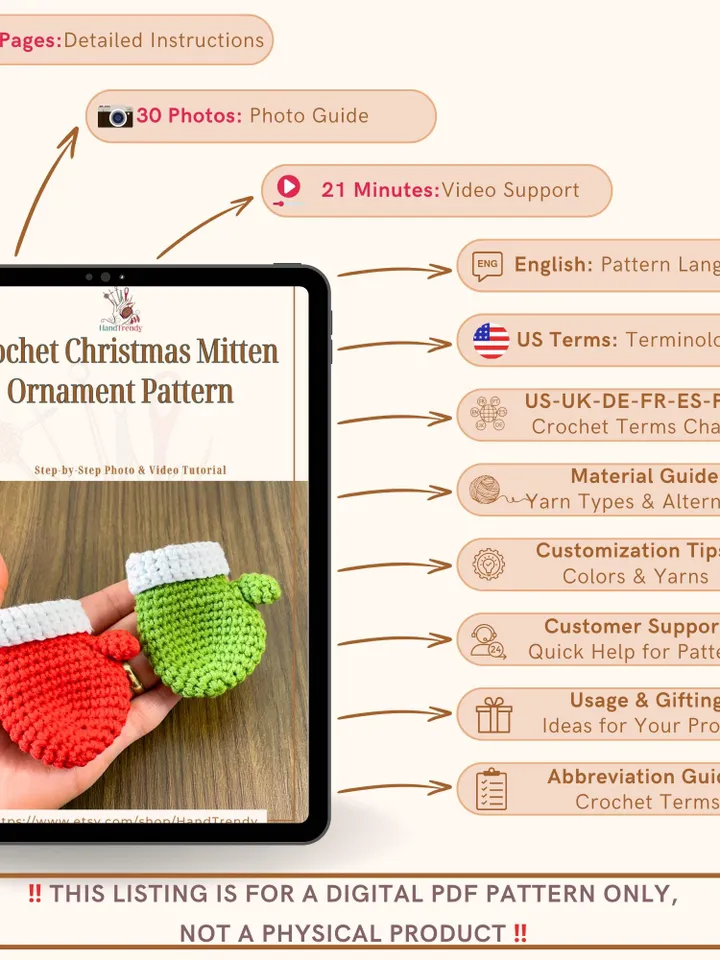 Crochet Christmas Mitten Ornament Pattern, DIY Holiday Amigurumi Decoration, Red Festive Crochet Gift Tutorial PDF