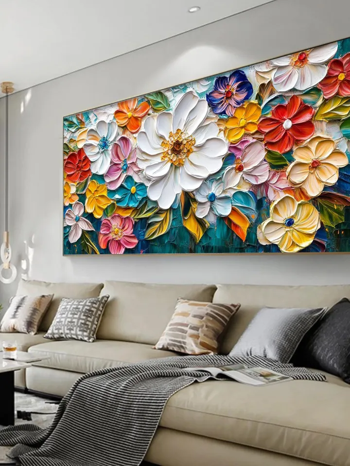Large Impasto Floral Painting, Textured Colorful Flower Artwork, 3D Thick Paint Palette Knife Original Art, Abstract Flower Bouquet Painting