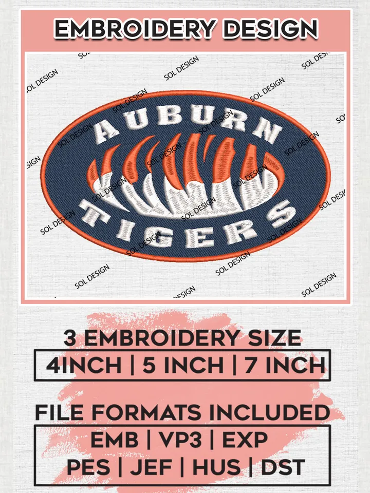 NCAA Auburn Tigers Team Logo Embroidery Design Files, NCAA Auburn Tigers Machine Embroidery, NCAA Teams, 3 sizes, NCAA Machine embroidery designs, Digital Download
