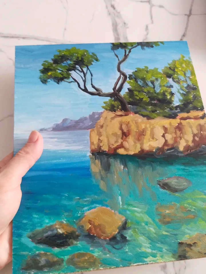 Seascape oil painting Landscape with rock seaside Twisted tree Turquoise water Croatia coast Fine art