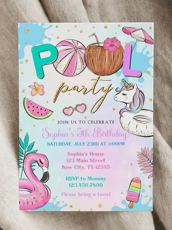 Pool Party Invitation Girl, Pool Party Unicorn Invitation Instant Download, Swimming Party Invite, Canva Editable Template