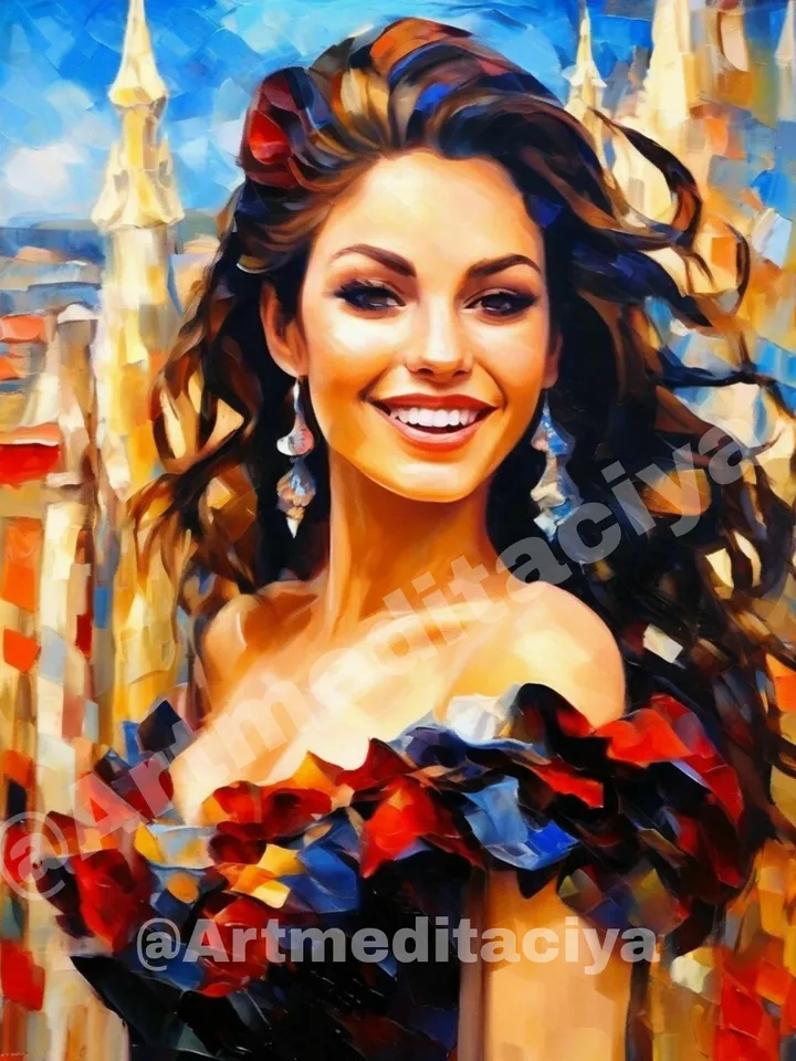 The digital abstract textural painting "Spaniard by Gaudi" in the style of oil painting with a palette knife on an abstract background of architecture and Gaudi mosaics is an image of a dynamic smiling Spanish brunette in a black and multicolored neckline