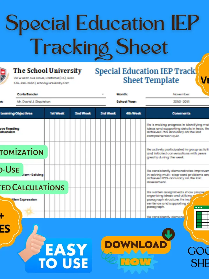 Special Education IEP Tracking Sheet Template, Individualized Education Plan Monitoring Spreadsheet