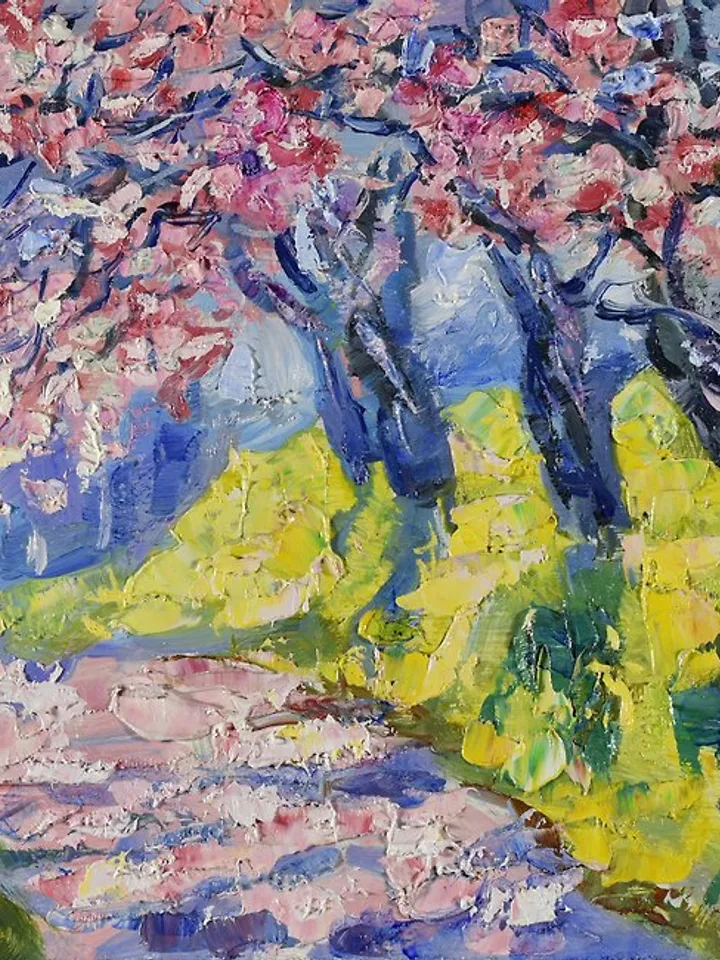 Cherry Blossoms Painting Spring Landscape Original Art Park Alley