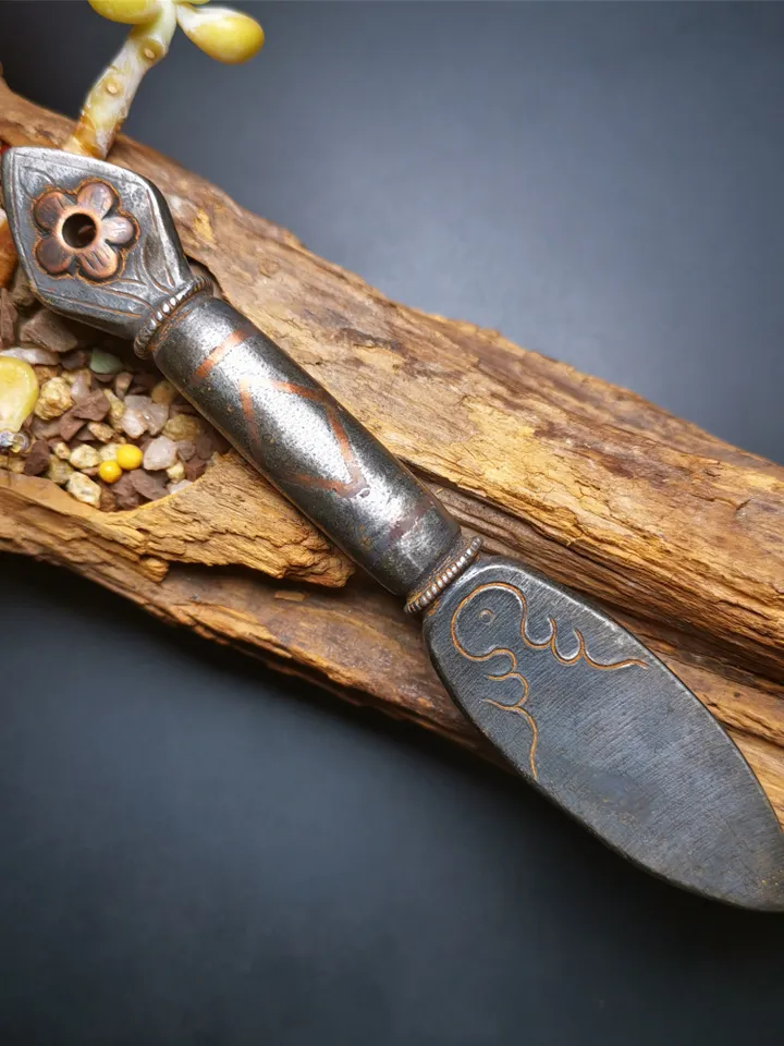 Gandhanra Tibetan Amulet Vajra, Kila Dagger (Dorje Phurba),Dharma Ritual,Made of Cold Iron inlaid with Copper