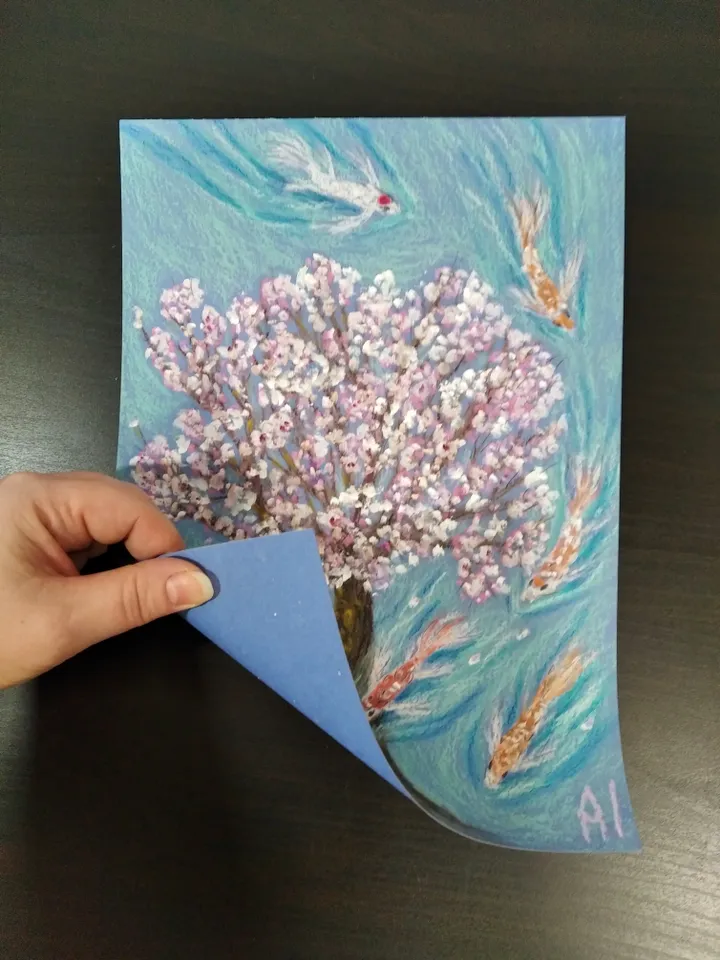 Pastel painting on paper Sakura and fish