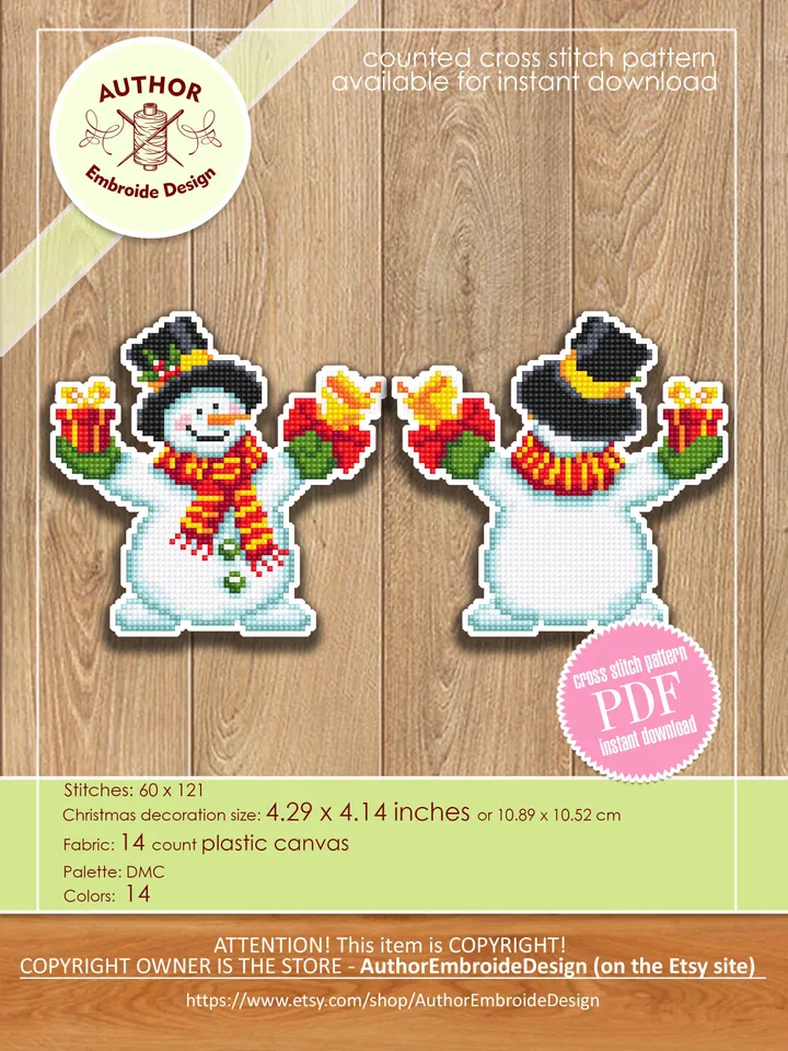 Christmas Snowman cross stitch pattern PDF download Double-sided Christmas tree decor for plastic canvas Small cross stitch chart Noel #N103