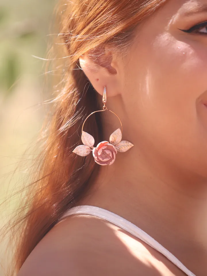 Boho Wedding Earrings, Silver, Rose Gold Hoop Flower Bridal Earrings, Floral Statement Wedding Jewelry Set, Bohemian Bride Jewellery, Gift