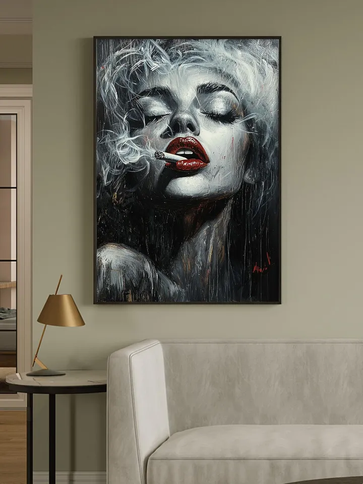 Smoking Woman Painting, Black and White Wall Art, Red Lips Art, Sensual Woman Portrait, Canvas Art, Large Wall Decor, Original Oil Painting