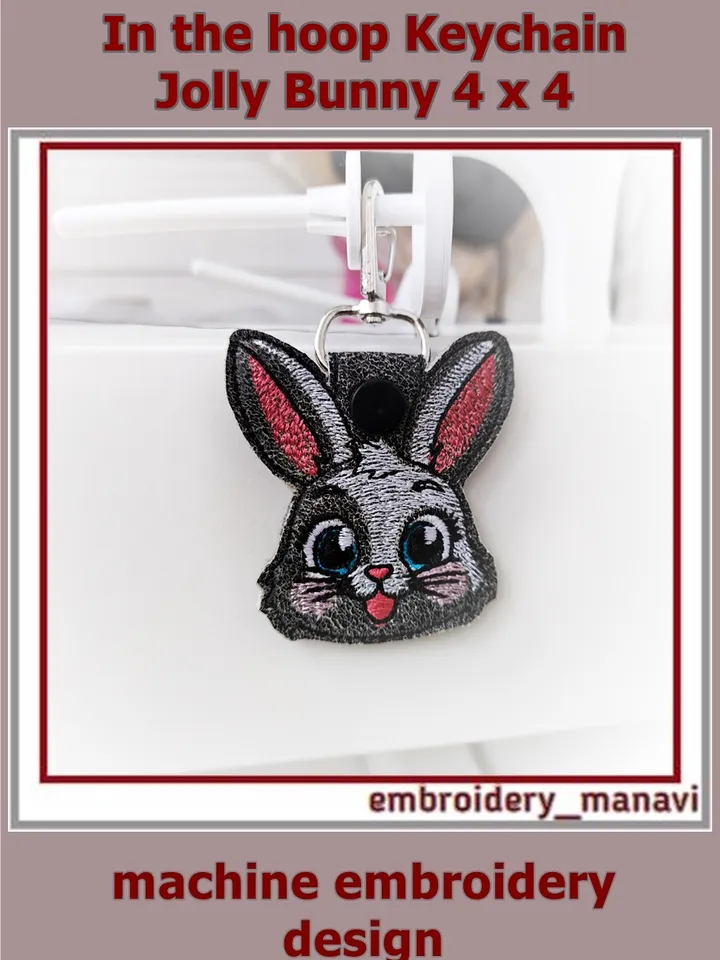 In the hoop Keychain Jolly Bunny embroidery design ITH key fob