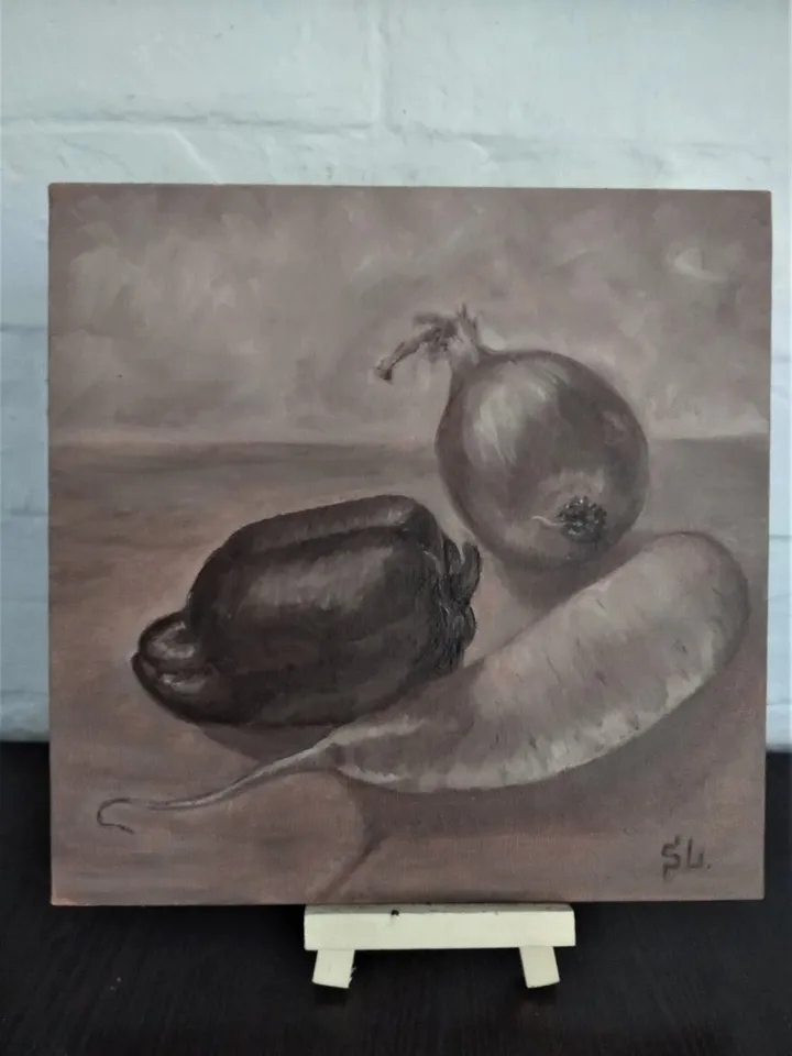 Still Life with Vegetables, Oil Painting with Peppers, Onions and Radishes, Canvas 8x8 inches